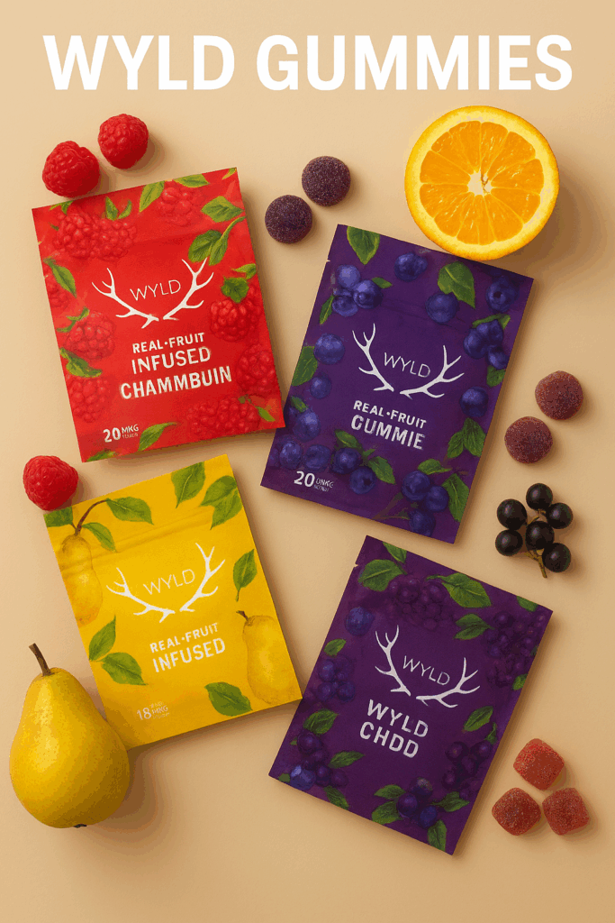 Wyld Gummies cannabis edibles in colorful fruit-themed packaging with raspberry, pear, and berry flavors displayed alongside fresh fruits and gummies.