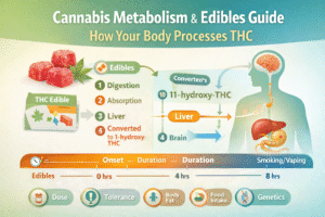 Infographic showing how THC from cannabis edibles is metabolized in the body, including digestion, liver conversion to 11-hydroxy-THC, bloodstream, and brain, with onset and duration timeline and factors like dose, tolerance, body fat, food intake, and genetics.