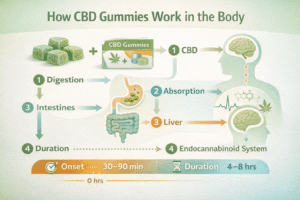 Infographic illustrating how CBD gummies are processed in the body, showing digestion, liver metabolism, onset time, and duration of effects.