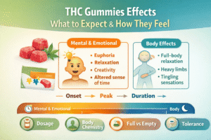 THC gummies effects infographic showing mental, emotional, and body effects with onset, peak, and duration timeline
